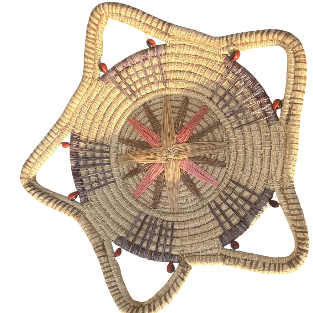 Handcrafted Woven Grass Star Basket Sunburst Wall Decor Boho Fiber Art Beads 14"